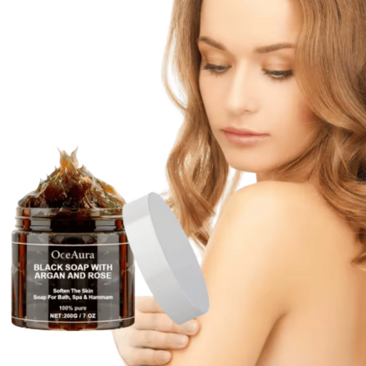 Jabón Negro OCEAURA con Argán y Rosa 200g – Limpieza Profunda y Cuidado Natural de la Piel